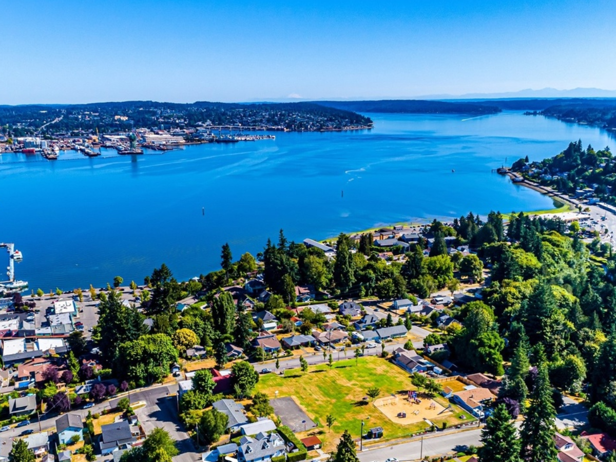 Aerial view of a lake with a residential neighborhood, greenery, and boats docked along the shoreline, under a clear blue sky.