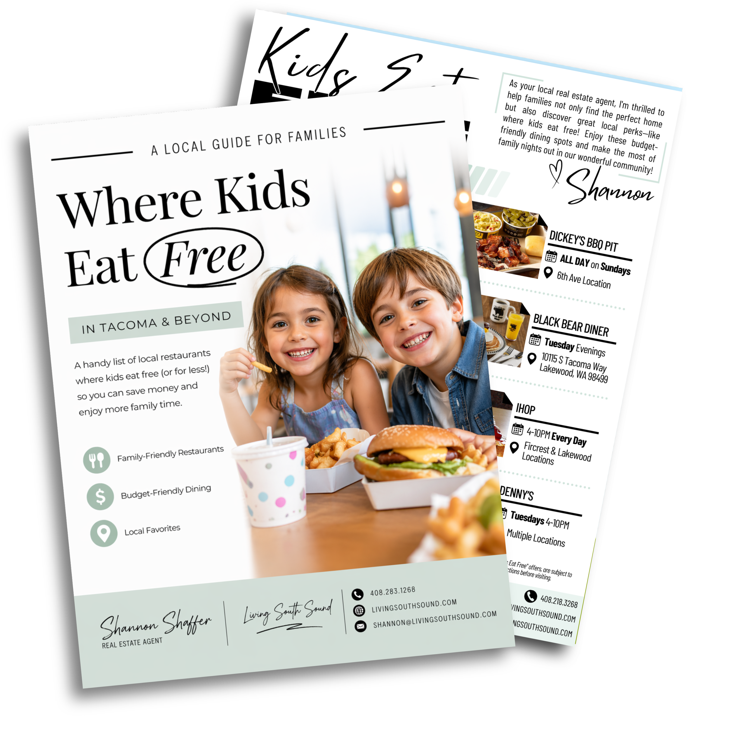 Three overlapping flyers for local family-friendly restaurants and activities, featuring images of food, happy children, and contact information.