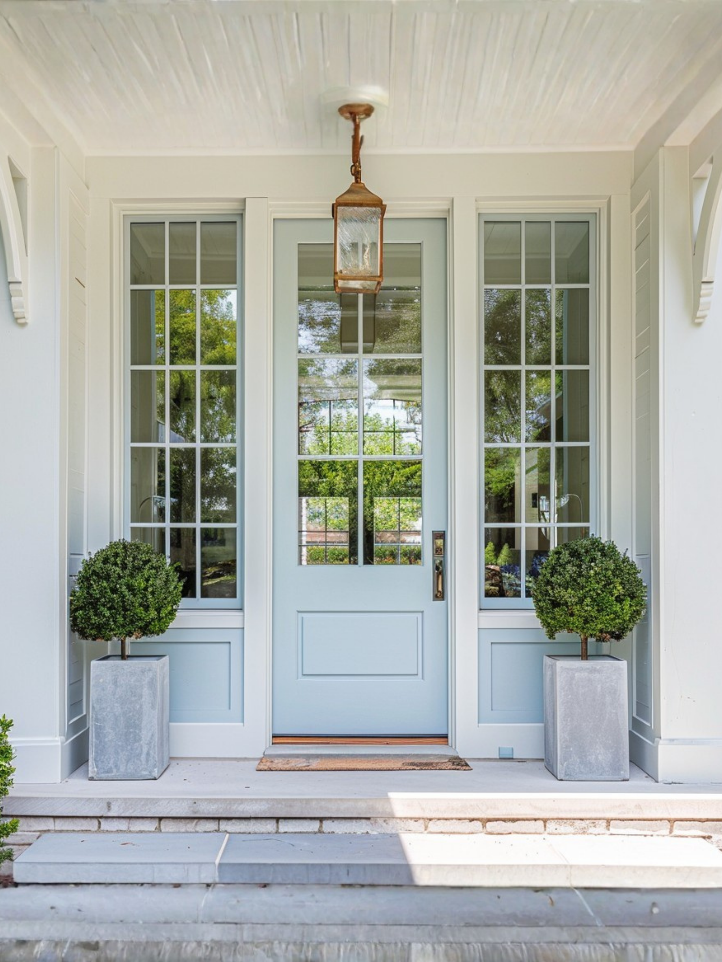Front door with glass panels, flanked by two potted topiary trees in concrete planters, with a small doormat in front and steps leading up to it.