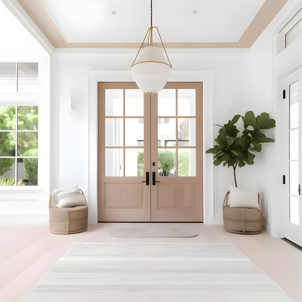 Bright entryway with beige double doors, large window, potted plant, and seating area