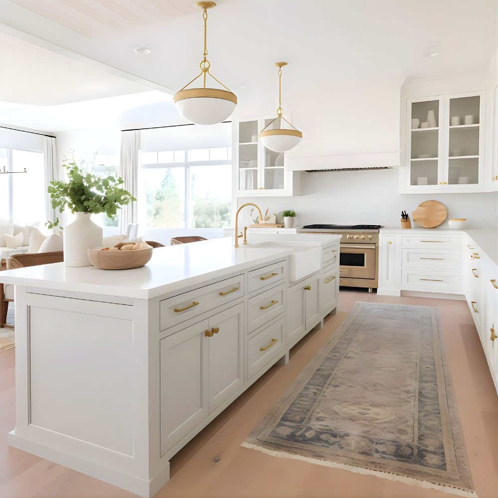 Modern white kitchen with gold accents, large island with sink, pendant lights, open shelving, and with a view to a dining area and large windows.