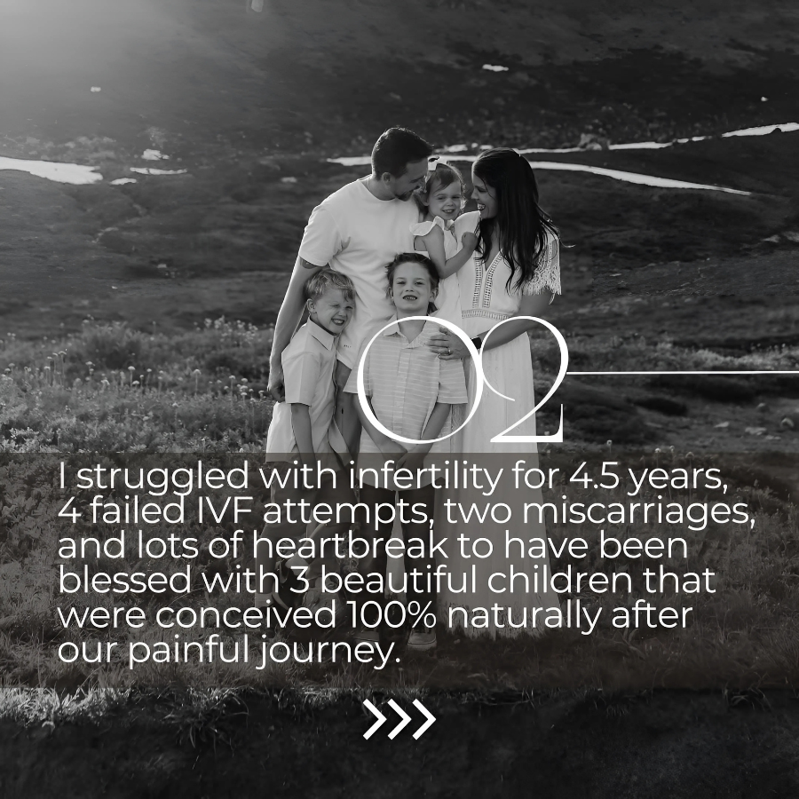 A family of five standing together outdoors in a scenic landscape, smiling and hugging each other, with a large number 2 overlayed and a heartfelt message about their journey through infertility and heartbreak to have three children naturally.