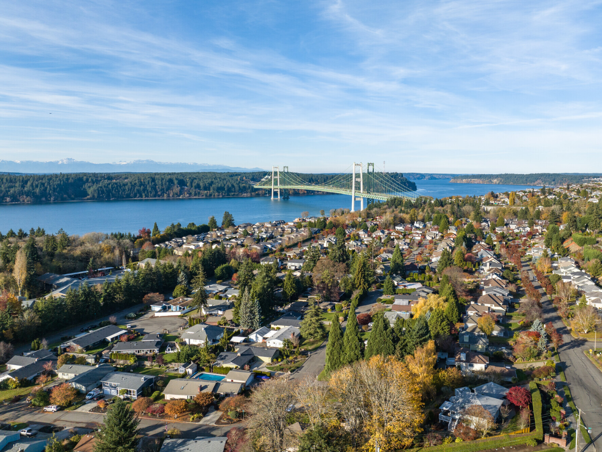 Aerial view of a residential neighborhood near a large body of water with a suspension bridge in the background, trees and houses in the foreground, and a partly cloudy sky.