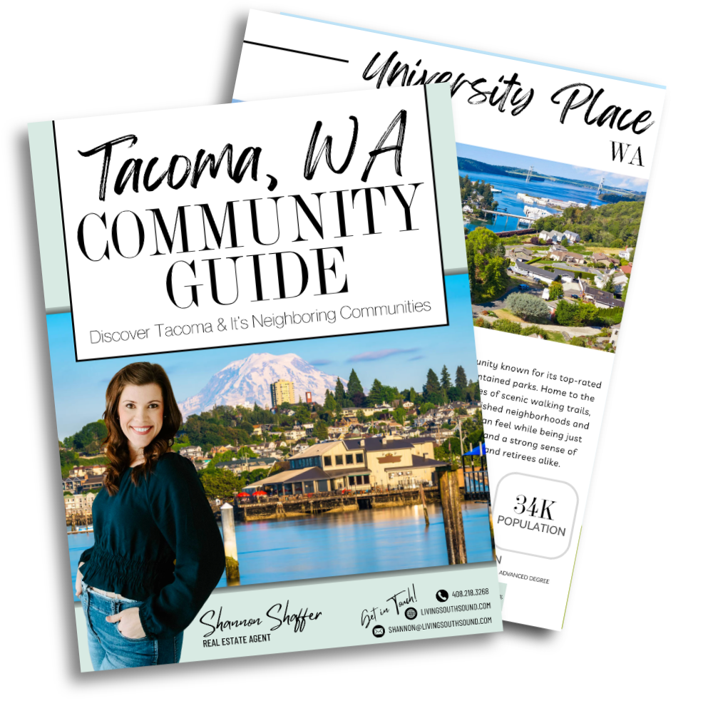 Brochure for Tacoma, WA community guide featuring a smiling woman, a scenic coastal town with a mountain in the background, and contact information for a real estate agent.