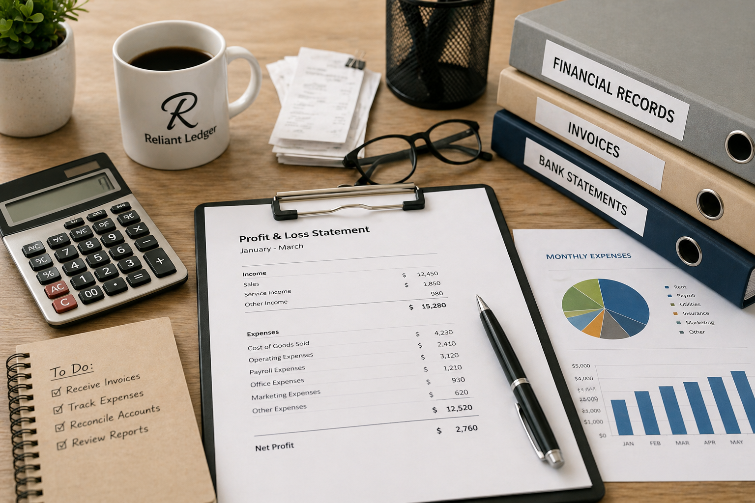 Small business bookkeeping workspace with profit and loss statement, financial reports, and organized financial records on desk