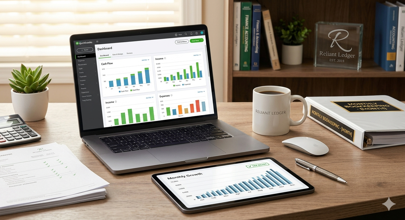 Cloud-based monthly bookkeeping services for small businesses showing accurate financial reports and expense tracking.