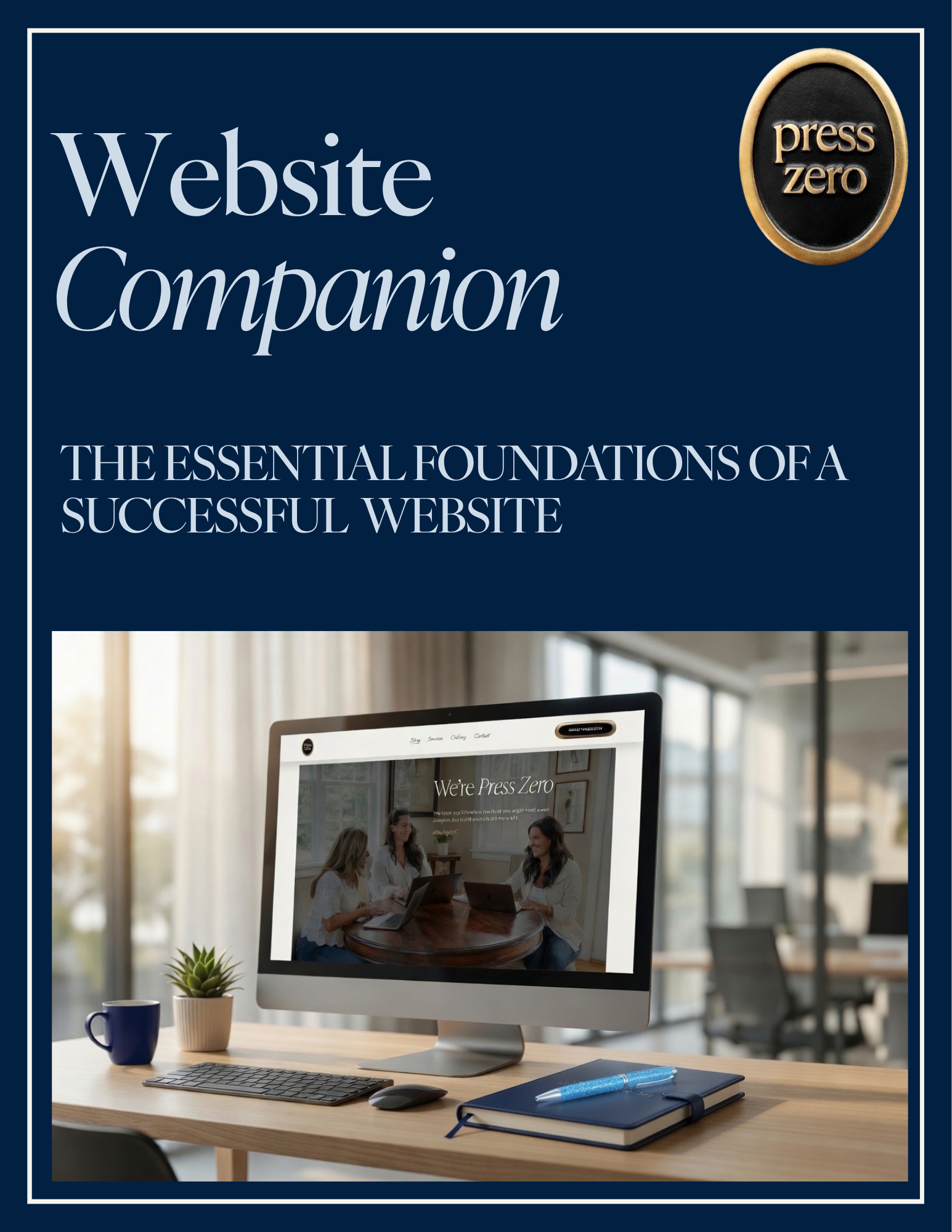 A computer monitor shows a website with three women sitting at a table, talking and smiling, in a bright, modern office setting.