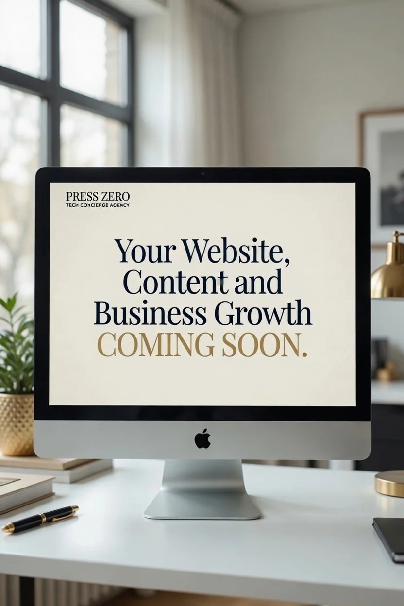 An iMac displaying a message that says "Your Website, Content and Business Growth COMING SOON" on a white desk in a bright, modern office.