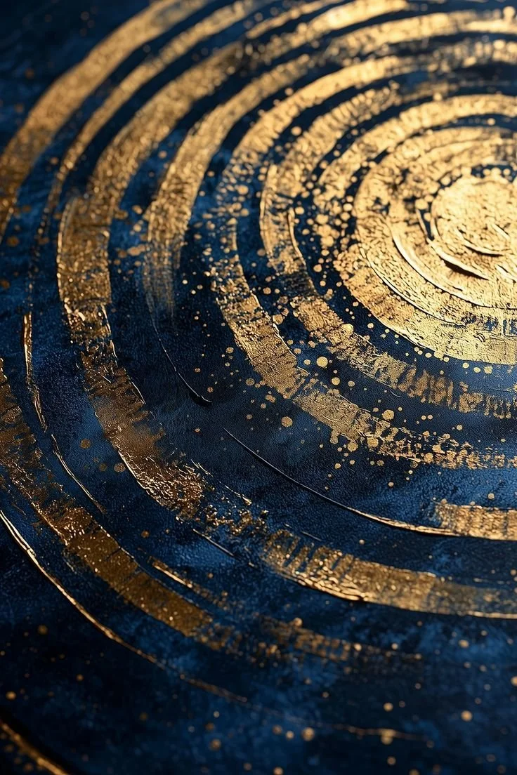 Close-up of a textured dark blue surface with gold concentric rings and splatters.