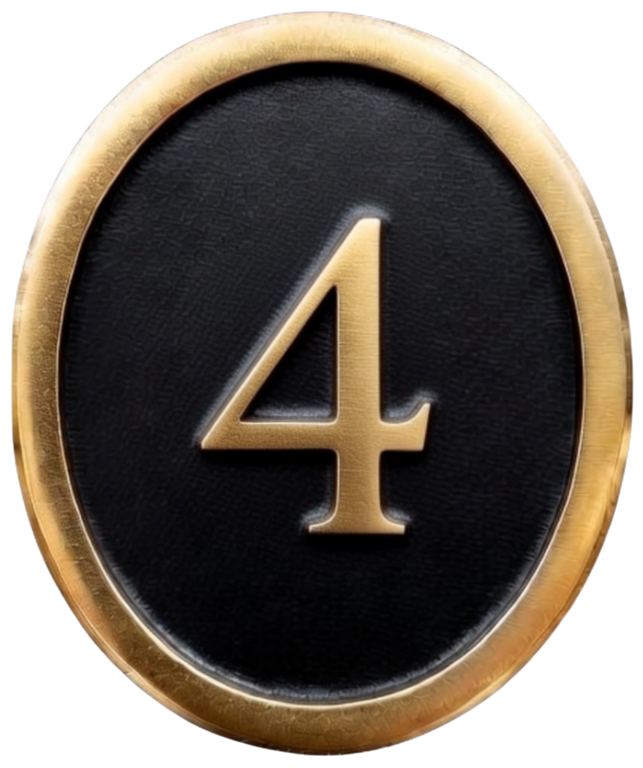 A black oval badge with a gold border, featuring a gold number four with a small arrow-shaped flourish at the top, centered on the badge.