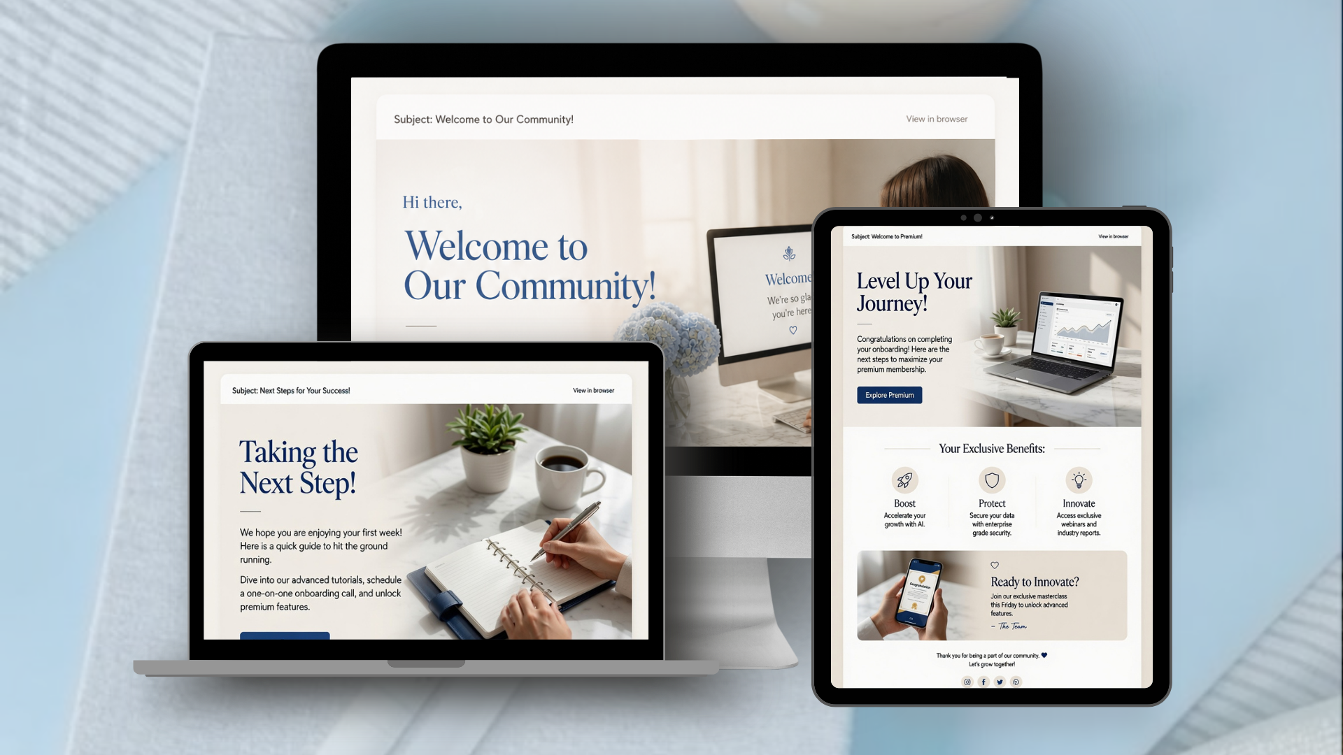 Multiple digital devices displaying onboarding and community welcome screens, with text emphasizing community, success, and premium benefits, on a light-colored desk with a blue wall background.