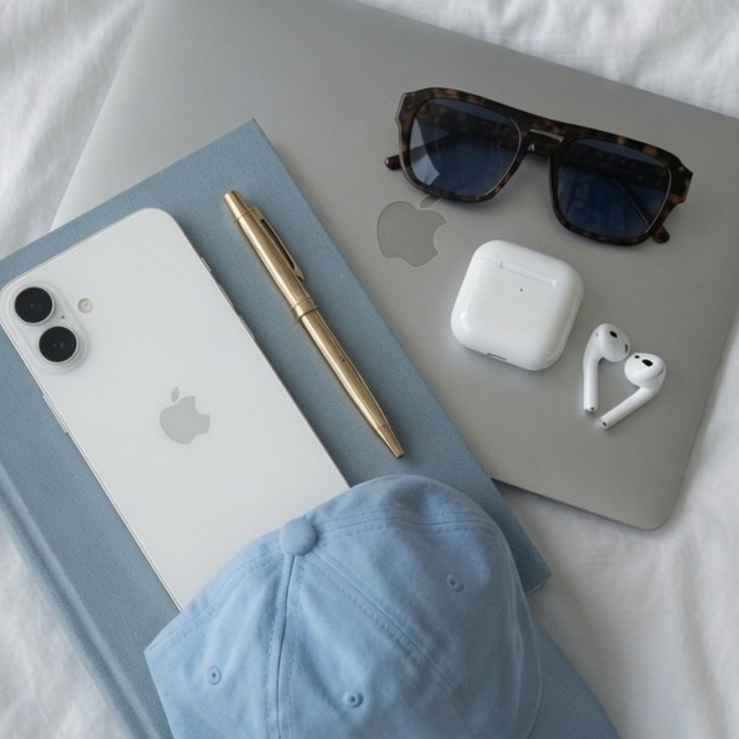 An overhead view of a white Apple iPhone with dual cameras, a closed notebook with a light blue cover, a gold pen, a silver laptop with an Apple logo, a pair of tortoiseshell sunglasses, white wireless earbuds and charging case, and a light blue baseball cap.