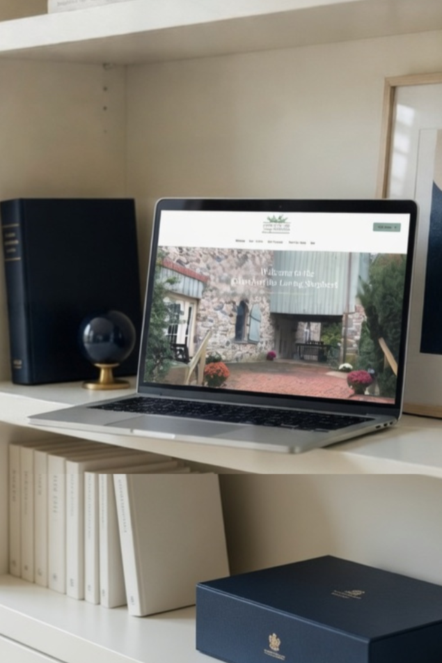 A desk shelf with books, a decorative globe, and a laptop displaying a website with a stone building and outdoor plants.