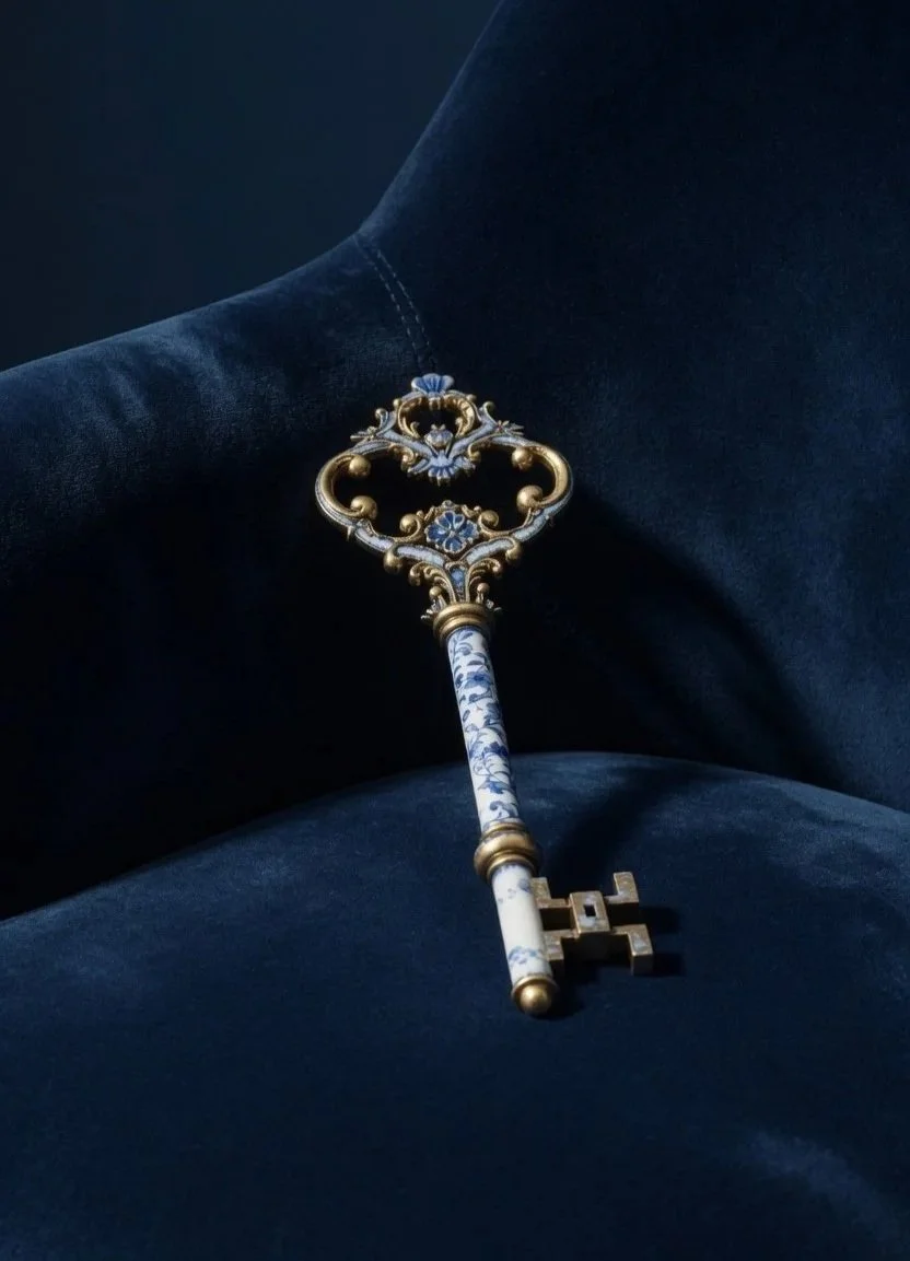 An ornate antique key with gold and blue detailing resting on dark fabric.