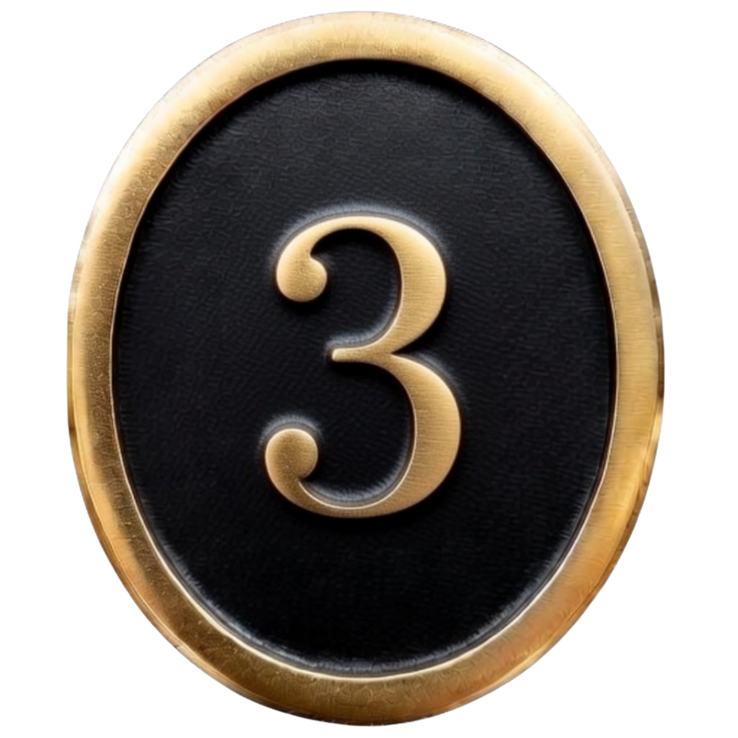 Close-up of a round badge with a black background, gold border, and a prominent gold number 3 in the center.