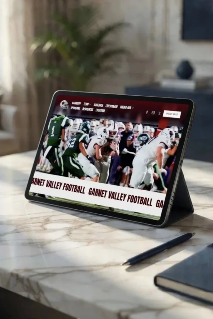 A tablet on a marble table displaying a Garnet Valley football game, with players on the field and team names at the bottom.