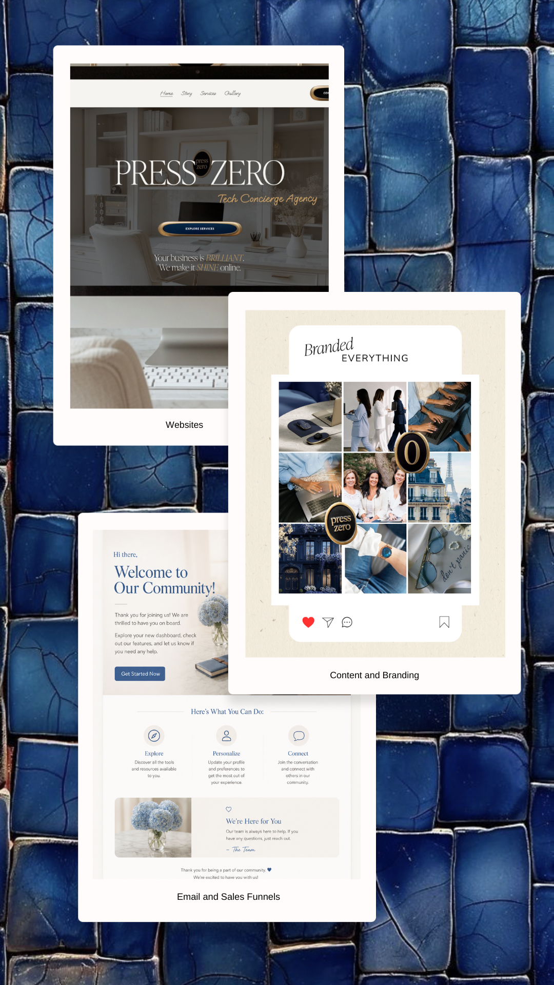 A collage of three digital website and branding templates on a blue tiled background, showcasing content sections for a tech agency and community.