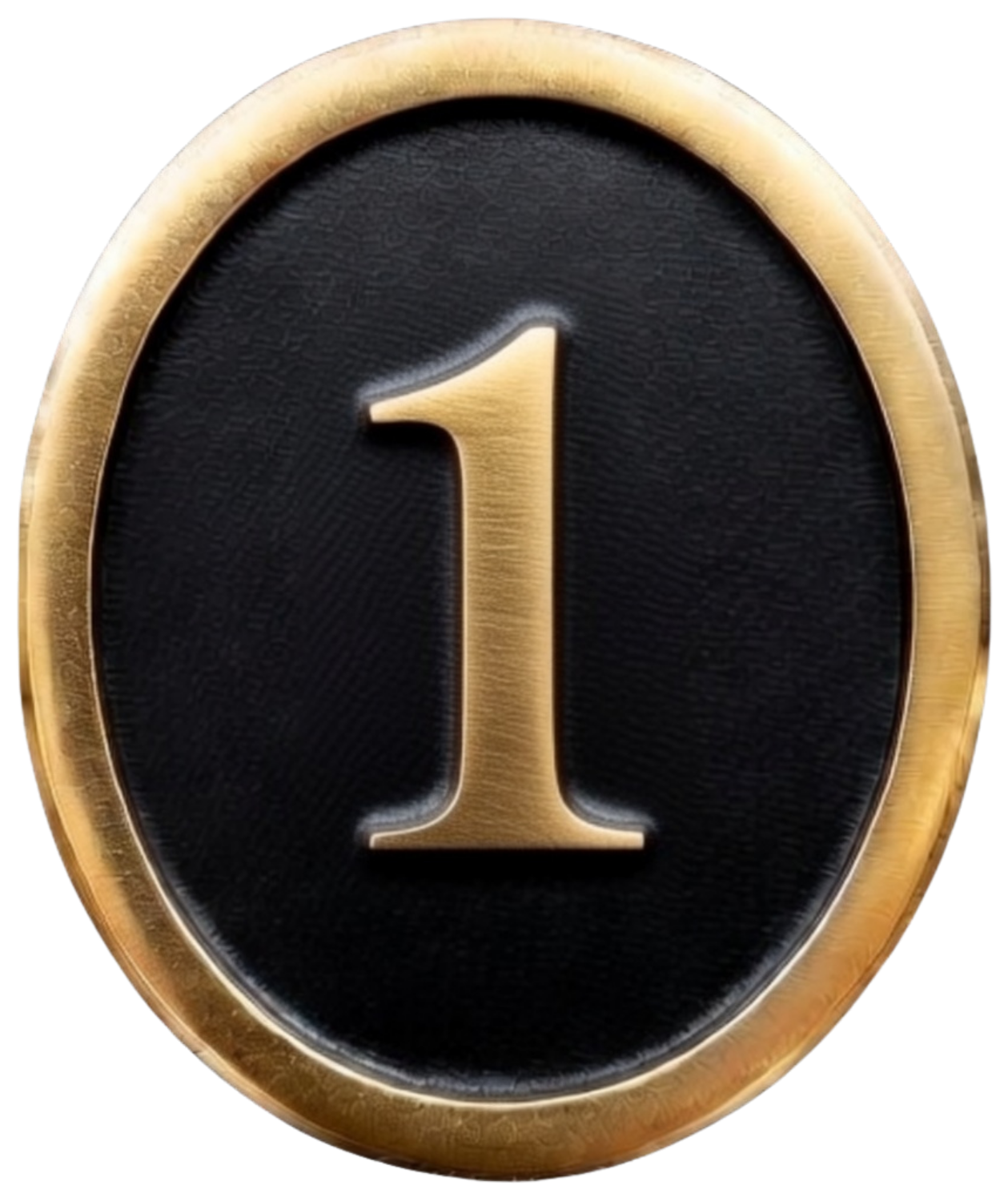 Gold and black oval emblem with the number one in gold in the center.