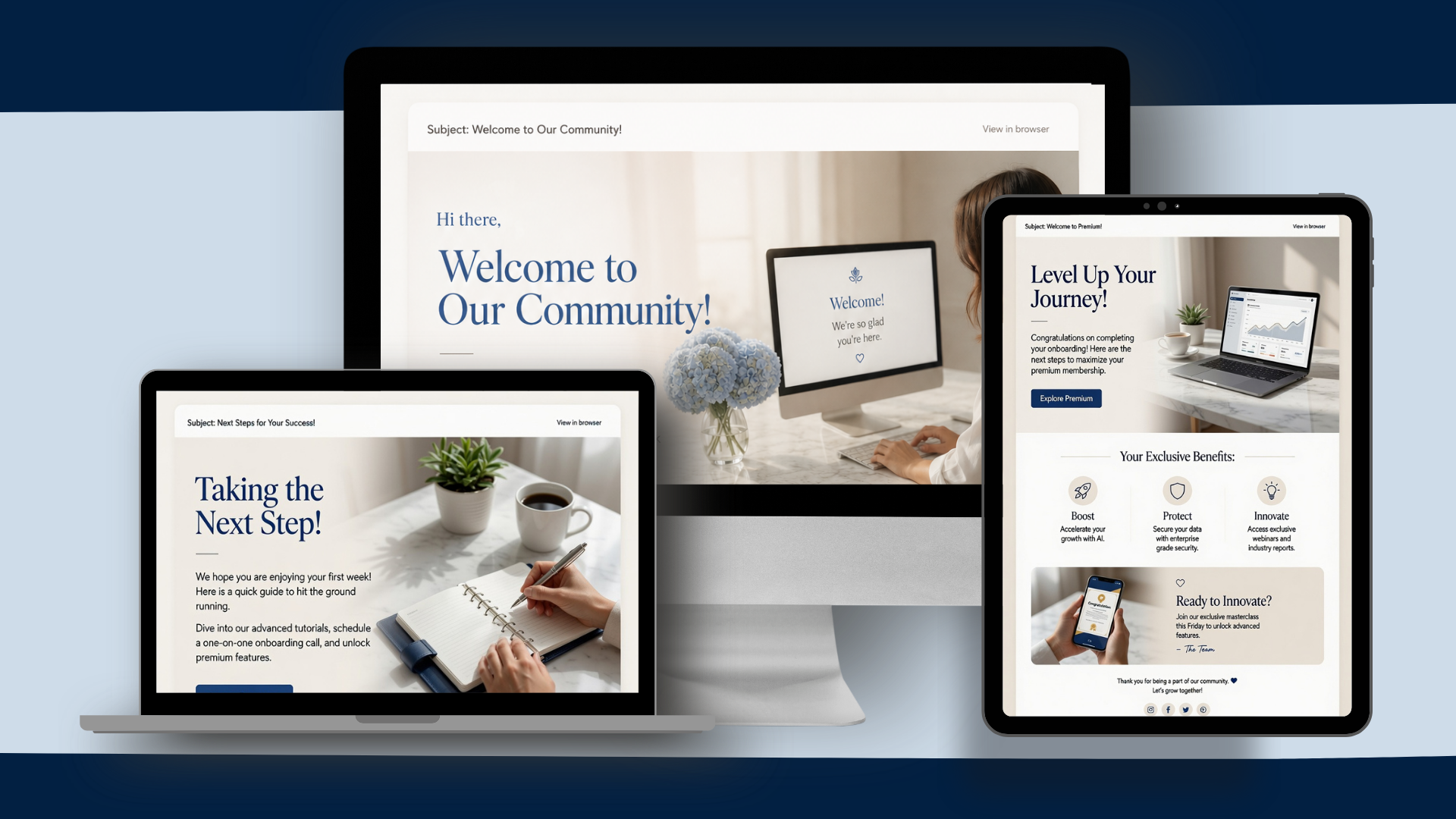 Multiple electronic devices displaying email newsletters with welcome messages, benefits, and success steps on light-colored desks with plants, cups, and notebooks.