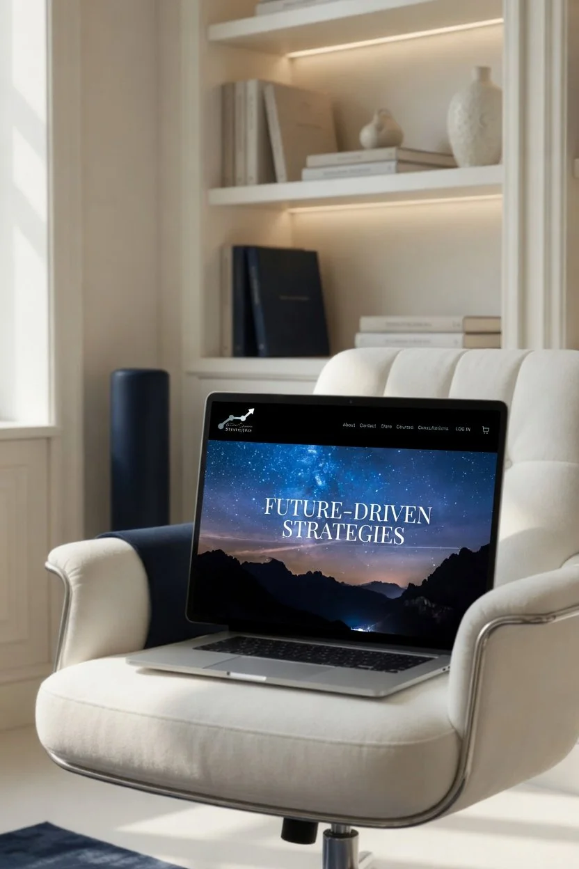 A laptop displaying the words 'Future-Driven Strategies' on a mountain and starry sky background, placed on a white armchair in a bright room with built-in bookshelves.