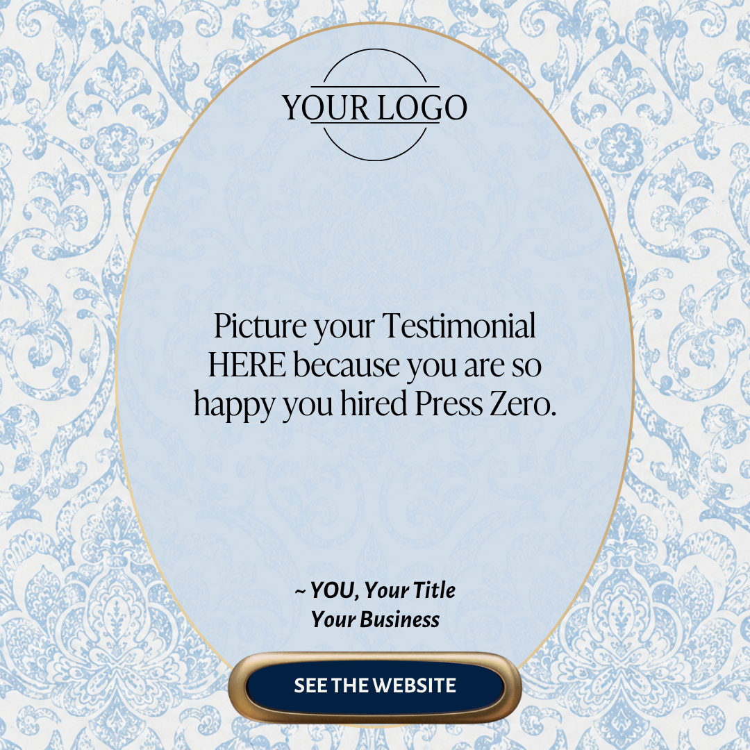 A promotional template with a blue, ornate floral background, a central oval area with placeholder text for a logo at the top, and the words "Coming Soon" in the middle. Additional placeholder text for a title, business name, and tagline at the bottom.