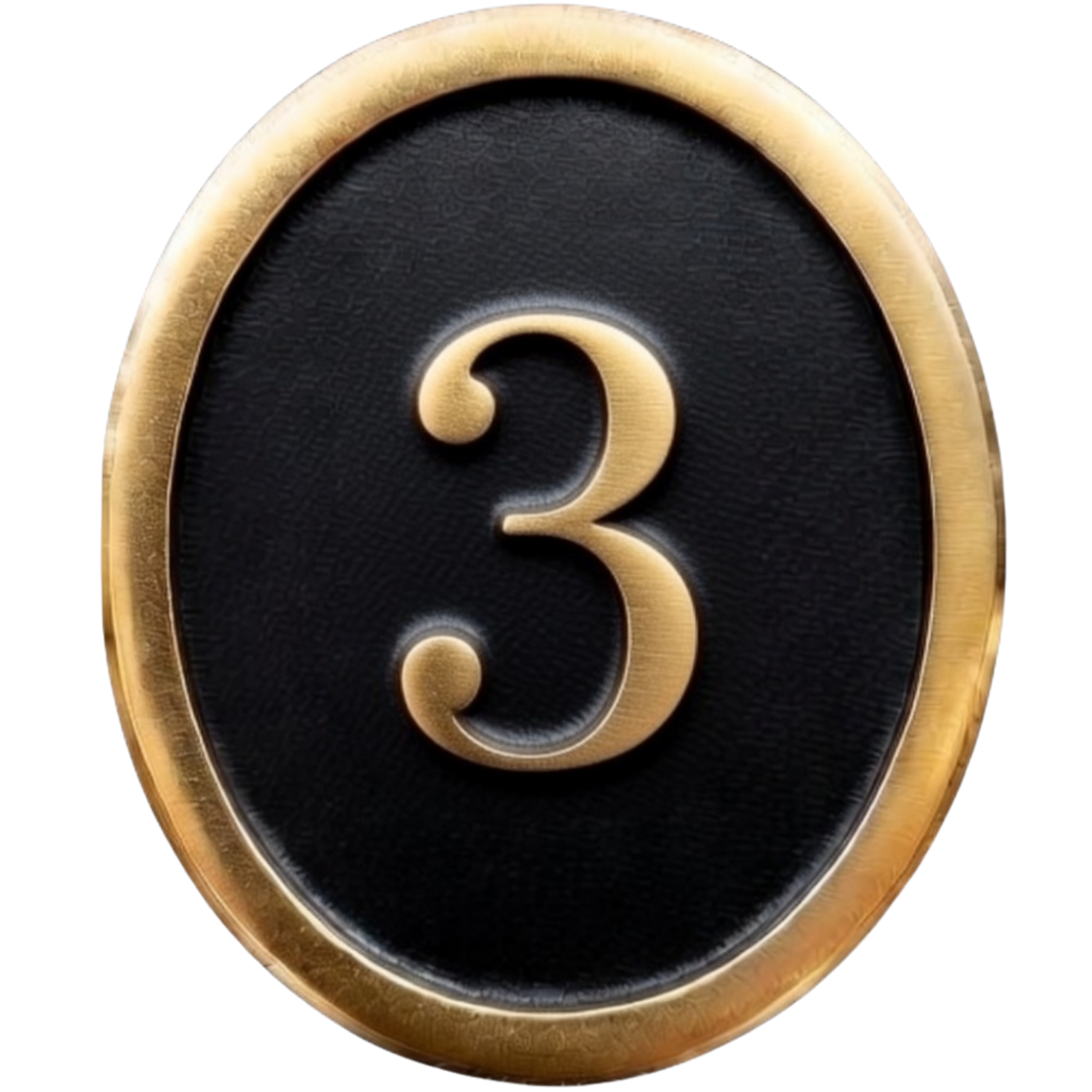 A circular button with a black background, featuring a large gold number 3 in the center and a gold border around the edge.