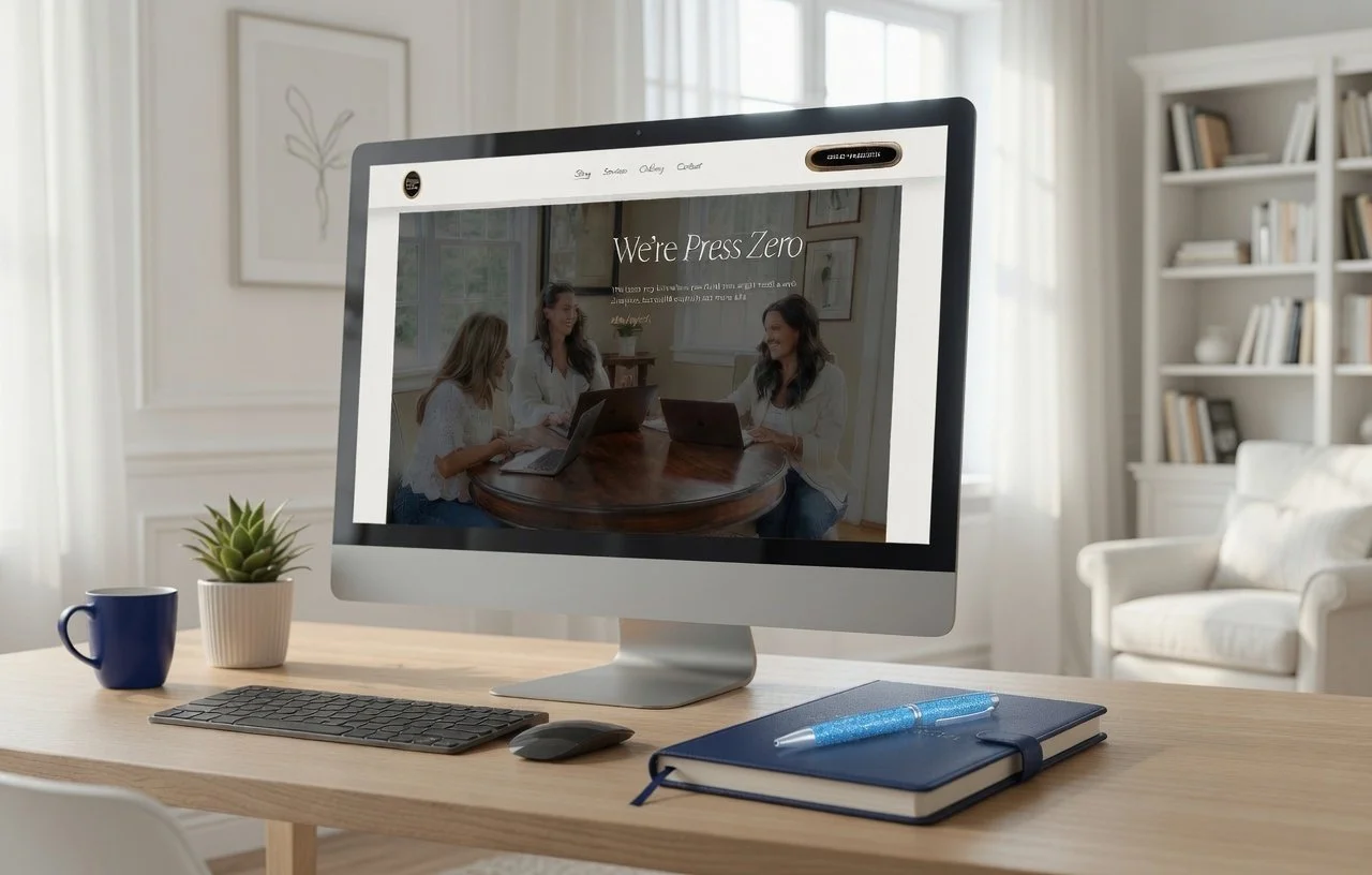 A computer monitor on a desk displaying a webpage with the text "We're Press Zero" and a picture of three women working on laptops in a room with large windows and framed art. The desk has a blue mug, a potted plant, a keyboard, a mouse, a notebook, and a pen.