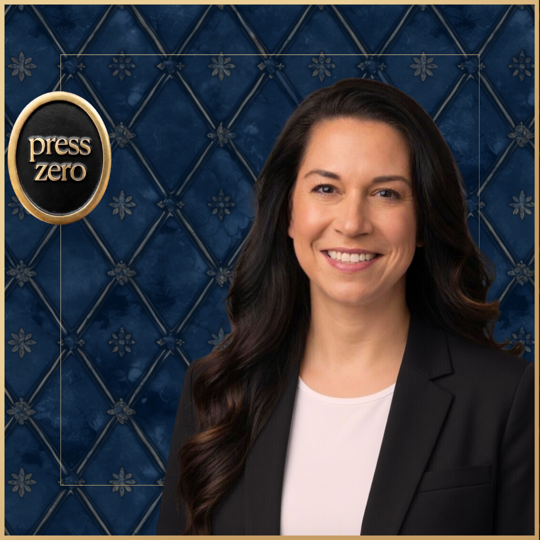 A woman with long dark hair smiling, wearing a black blazer and white top against a blue quilted wall with a gold and black press zero logo in the upper left corner.