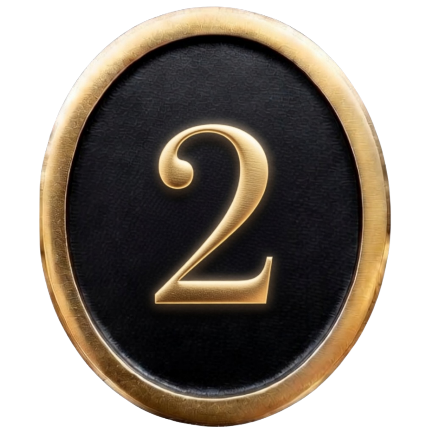 Close-up of a black and gold poker chip with the number 2 in the center.