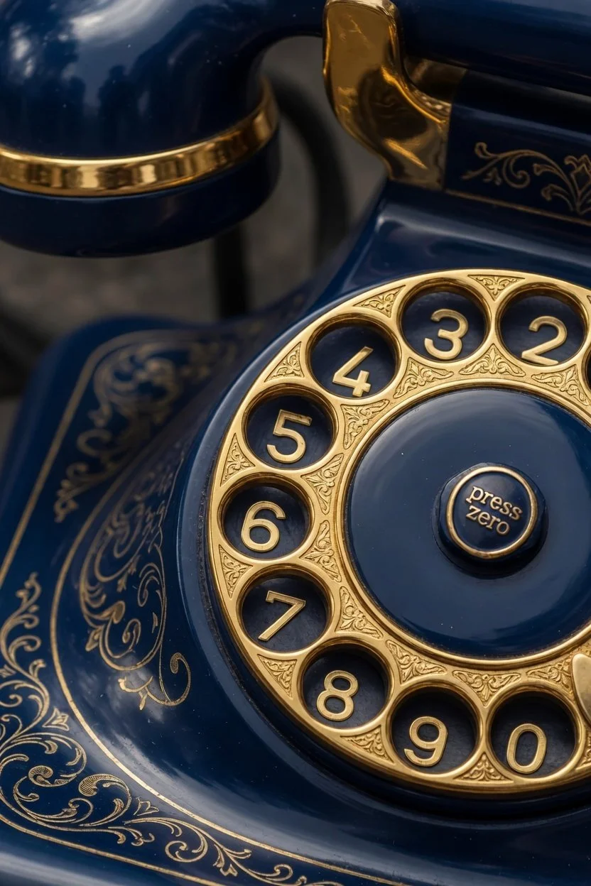Close-up of a vintage rotary telephone in dark blue with gold accents and intricate gold detailing, focusing on the dial and part of the earpiece.
