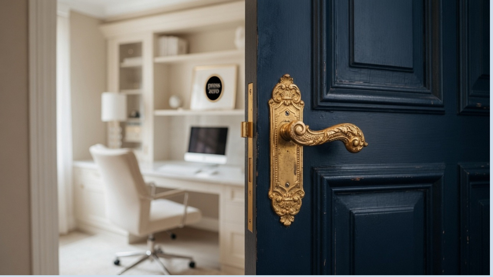 A partially open navy blue door with an ornate brass handle and lock, revealing a white office with a white desk, chair, and bookshelf in the background.