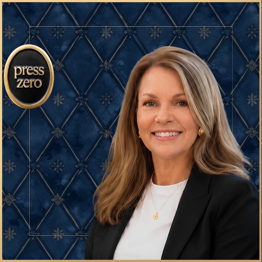 A woman with shoulder-length blonde hair, smiling, wearing a black blazer and white top, standing in front of a blue quilted wall with small floral designs, and a circular badge that says 'press zero' to the left.