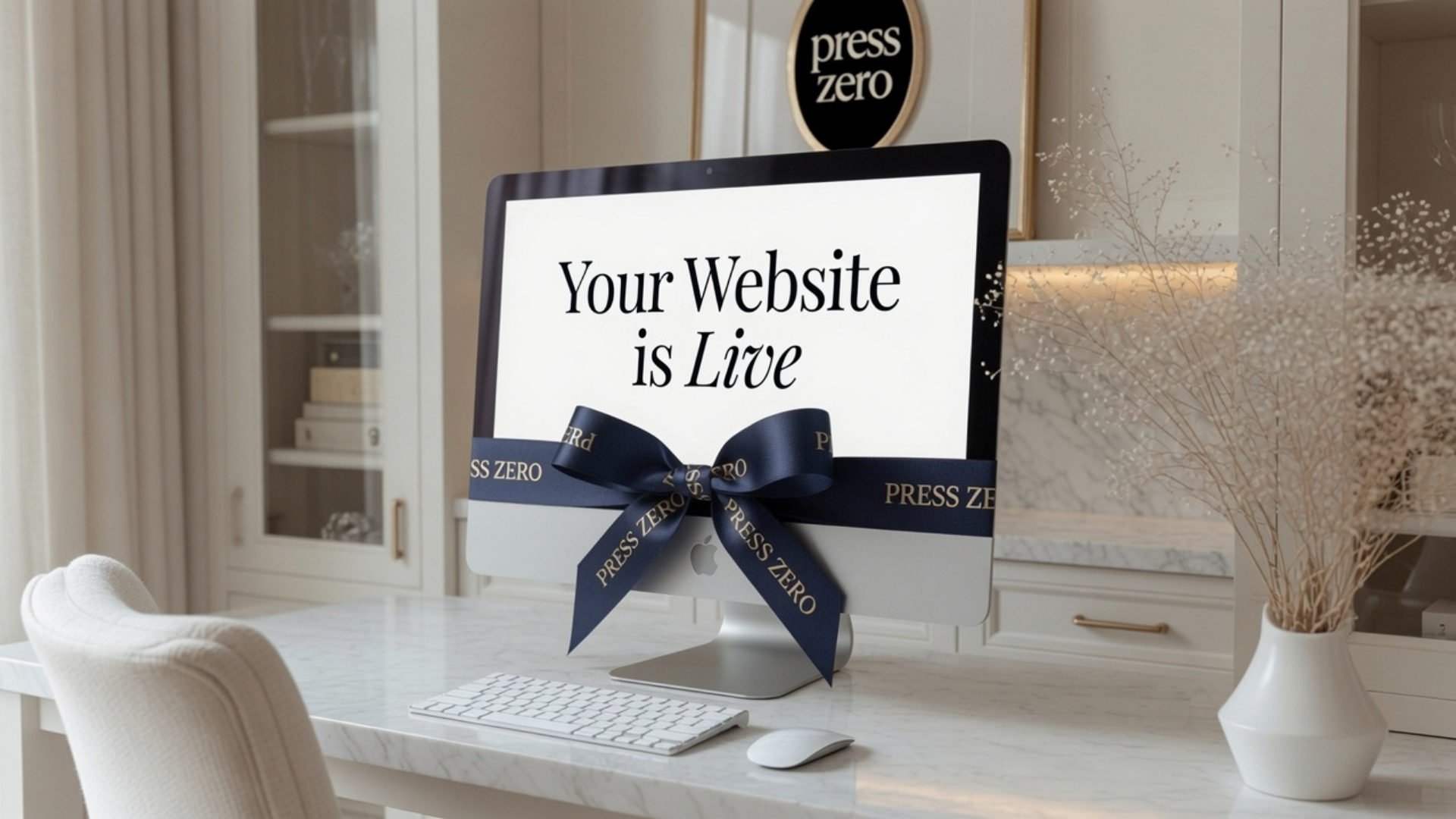 A computer monitor on a white desk displays the message "Your Website is Live" with a navy ribbon tied in a bow that says "Press Zero". A white chair, a white keyboard, and a white mouse are in front of the desk. In the background, there are white shelves, a sign that reads "press zero", and decorative dried plants in a white vase.