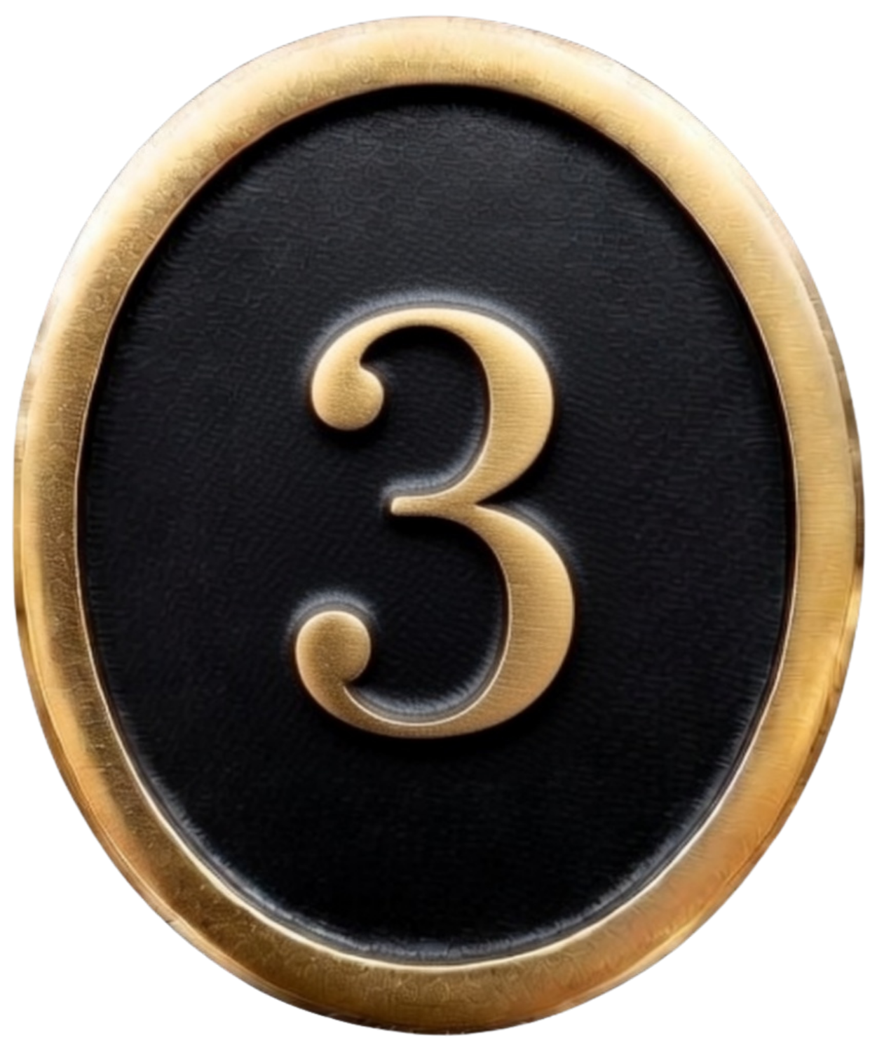 Close-up of a decorative oval plaque with a gold border and black background displaying the number 3 in gold.