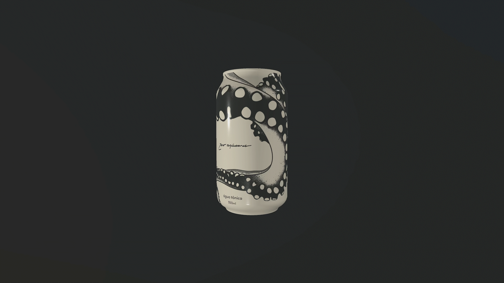 Lata de água tônica com design artístico de um polvo preto e branco na embalagem