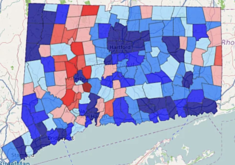 Color-coded map of Connecticut showing voting results by county with red for Republican and blue for Democratic.