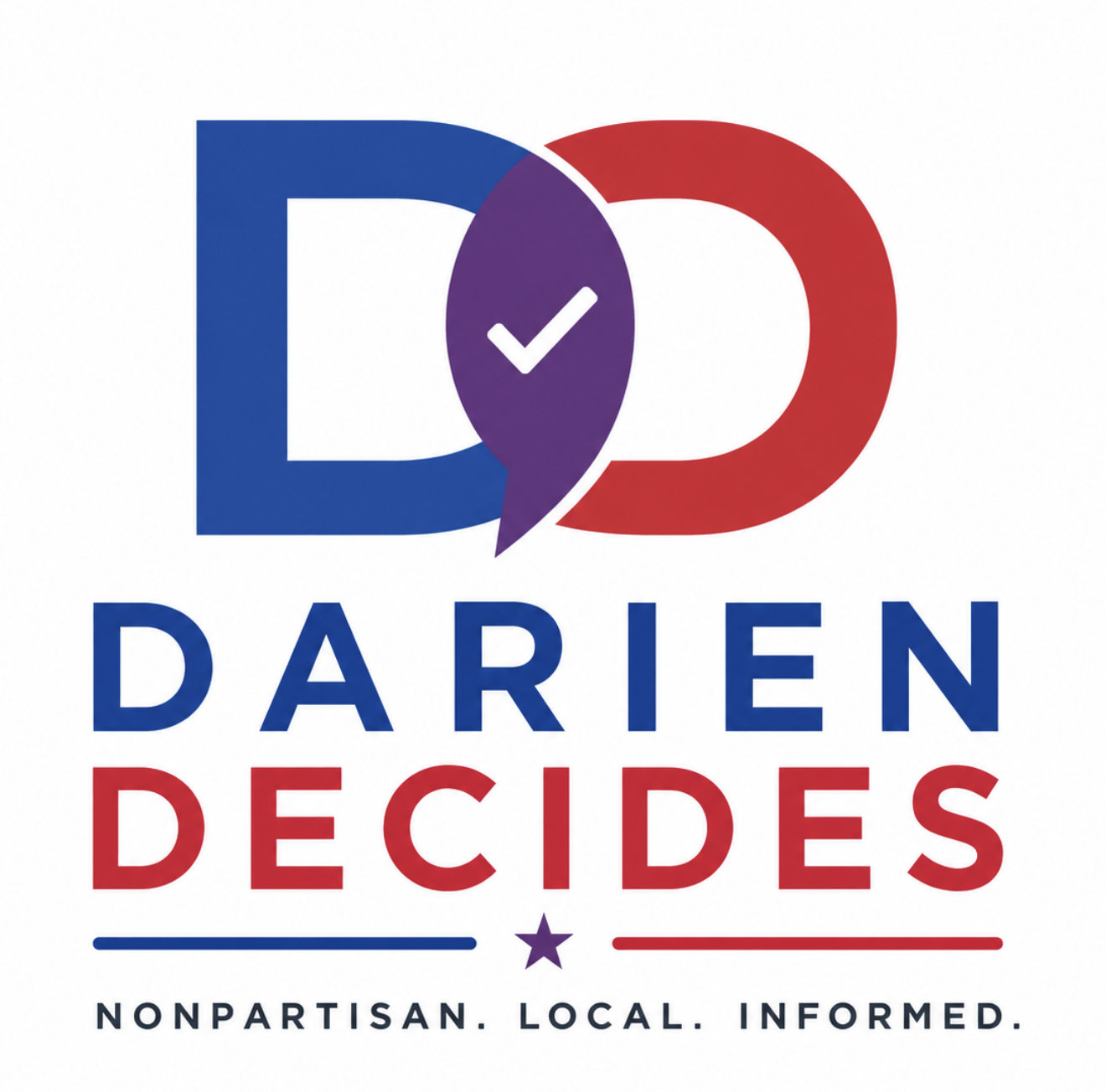 Logo for D9 DARIEN DECIDES with text: NONPARTISAN. LOCAL. INFORMED.