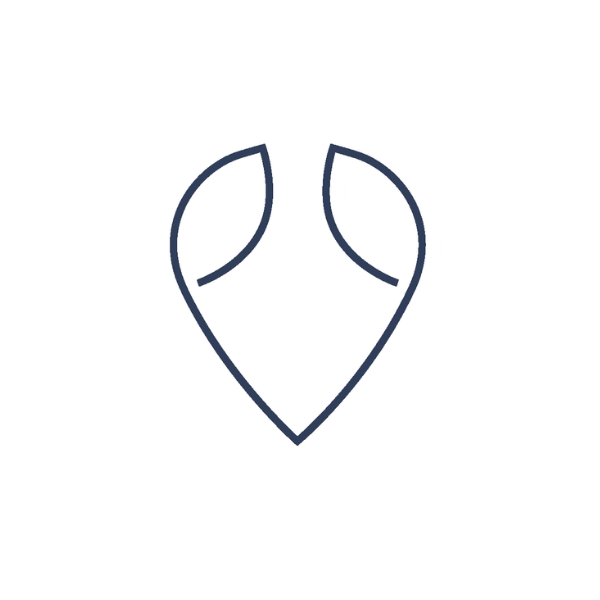 Stylized outline of a shield with leaf-like shapes inside, in blue and white.
