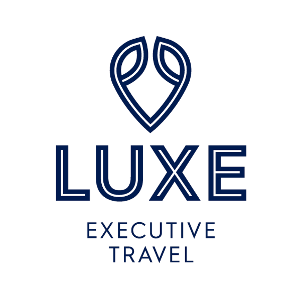 Luxe Executive Travel logo featuring a stylized heart shape with travel-related elements above, with the words "LUXE" in large font and "EXECUTIVE TRAVEL" below.