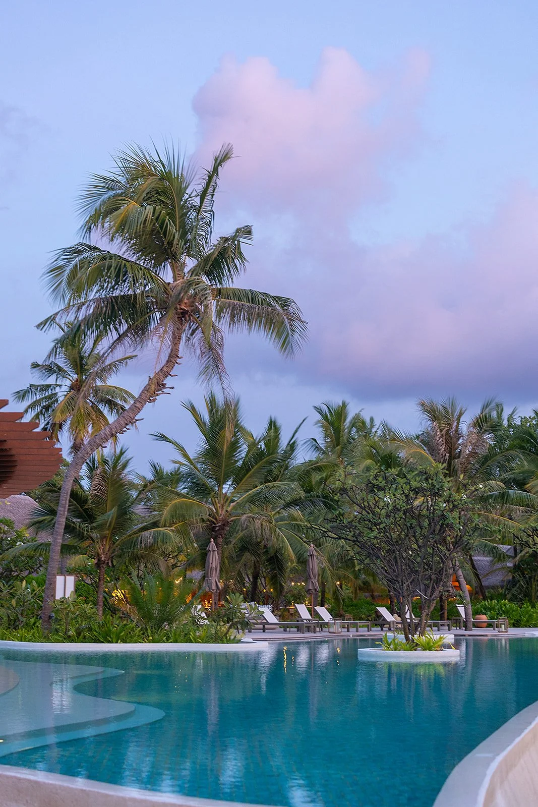 A tropical resort pool area surrounded by palm trees, lounge chairs, and umbrellas under a cloudy sky at dusk.