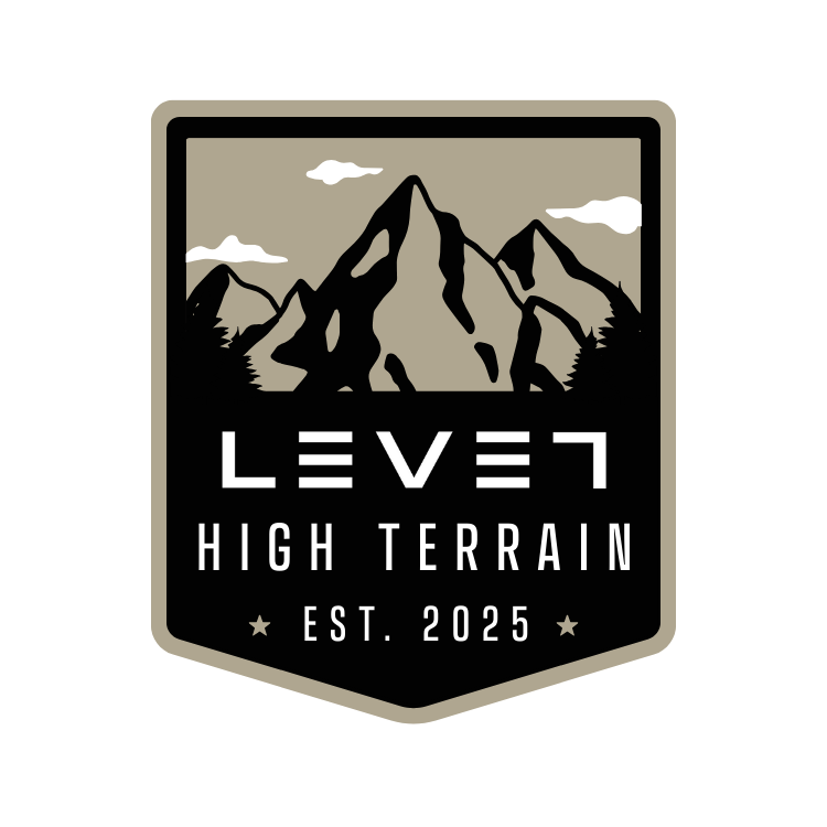 Emblem featuring mountain peaks with clouds and pine trees, with text reading "LEVEL 7 HIGH TERRAIN EST. 2025"