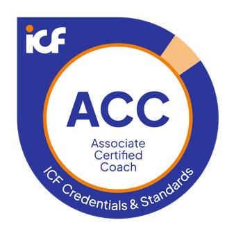 ICF Associate Certified Coach logo with blue, orange, and beige colors.