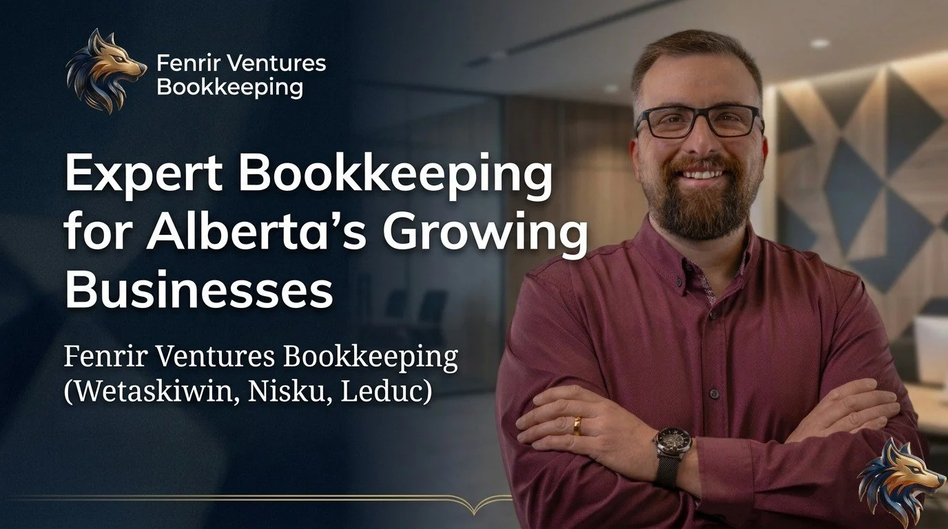 Scott, founder of Fenrir Ventures Bookkeeping, standing professionally beside text that reads: Expert Bookkeeping for Alberta's Growing Businesses - Fenrir Ventures Bookkeeping (Wetaskiwin, Nisku, Leduc).