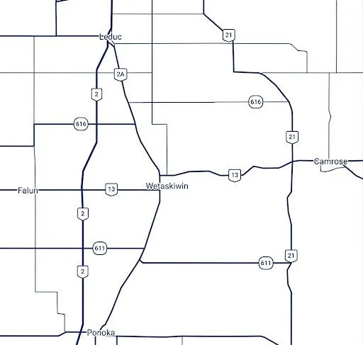 Map showing the central Alberta service area for Fenrir Ventures Bookkeeping, including Wetaskiwin, Leduc, Camrose, and Ponoka.