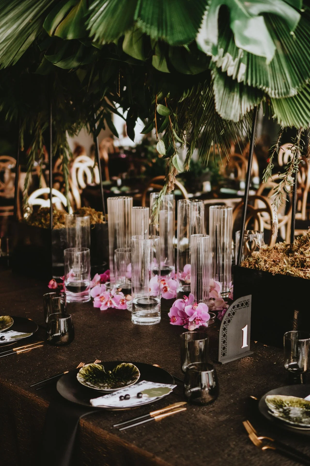 A decorated dining table with tall glass vases, pink orchids, and lush green tropical leaves as centerpieces, with black tablecloths and elegant tableware in a formal event setting.
