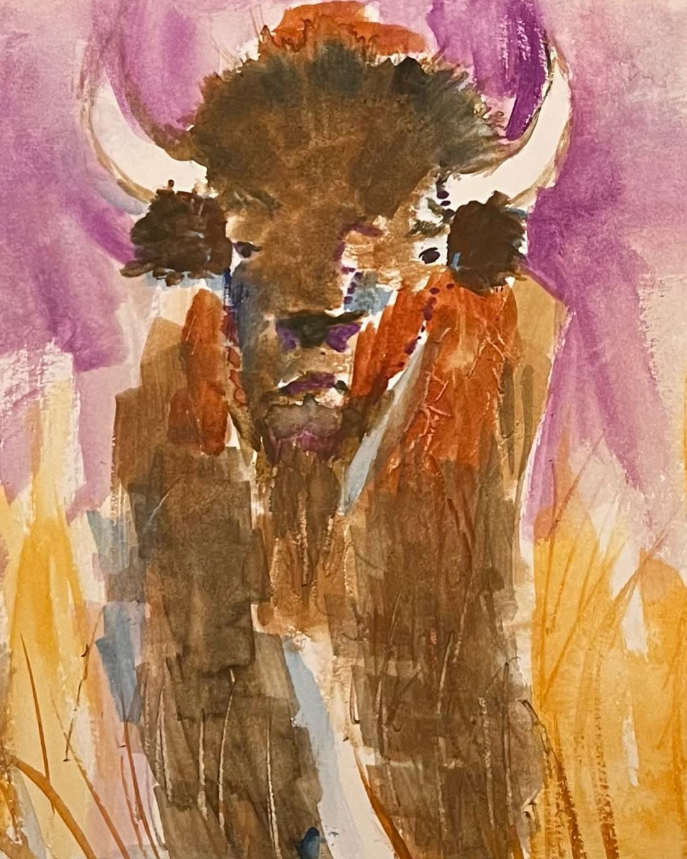 Watercolor painting of a bison's face with a pink background and earthy tones.