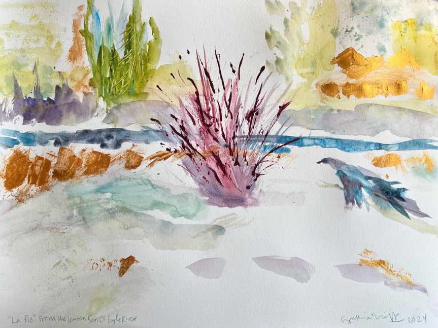 Watercolor painting of a splash in a body of water surrounded by greenery, trees, and clouds.