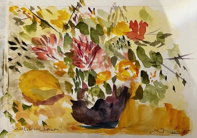 Watercolor painting of a floral arrangement in a dark vase with yellow, orange, pink, and green foliage on a yellow background.