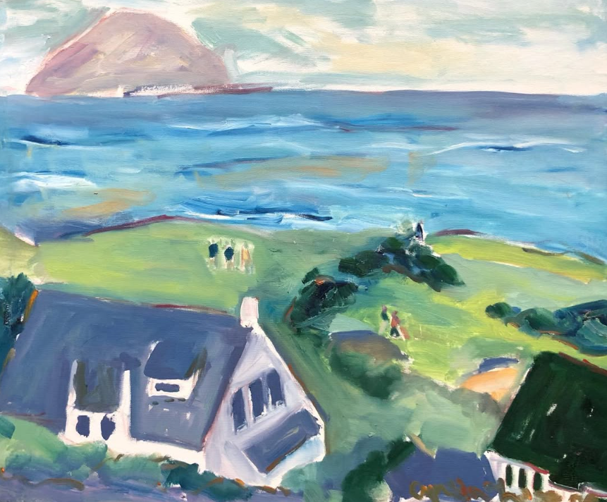 A colorful landscape painting depicting a coastal scene with a house in the foreground, green fields with trees, and a large body of water in the background. There are hills or mountains in the distance under a cloudy sky.