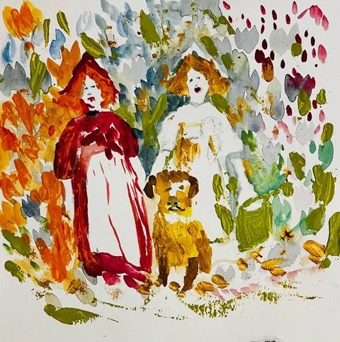 Watercolor painting of three women standing outdoors among colorful foliage and flowers.